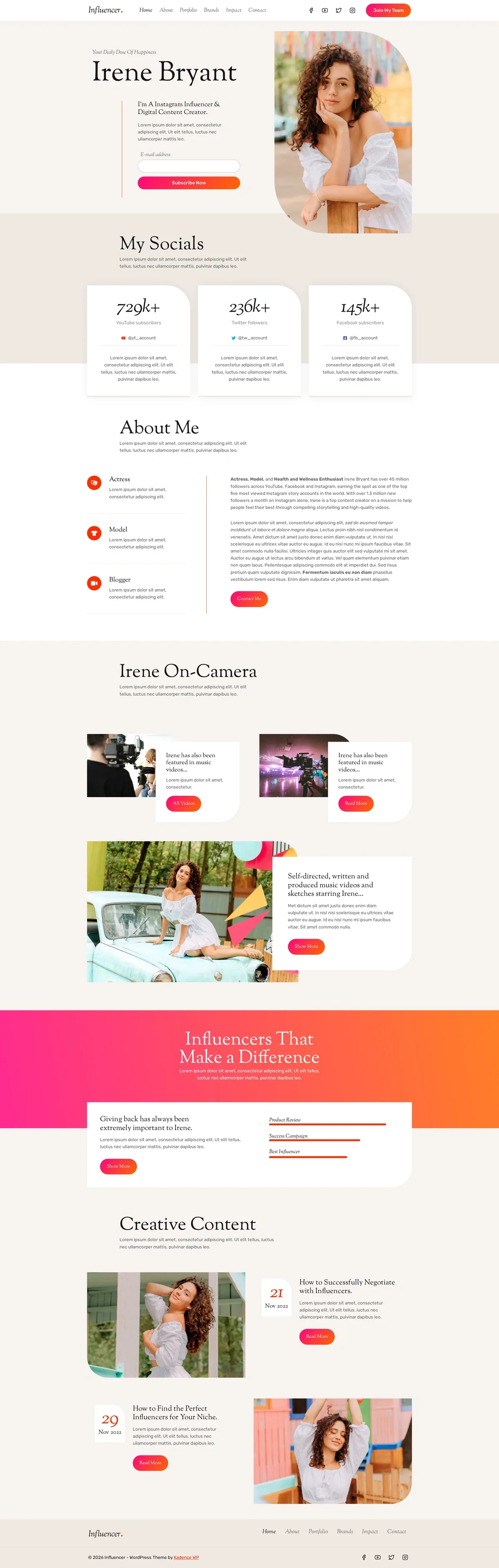 Influencer 设计作品集WordPress模板